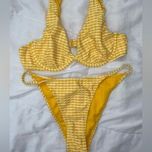 Yellow two piece bikini with white squares